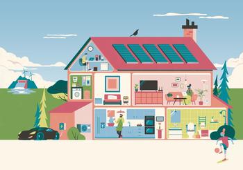 Bruk av strøm i et hus på dagtid. Illustrasjon: Hanne Berkaak/byHands