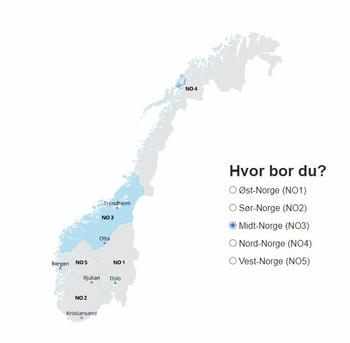 Kart over prisområder i Norge.